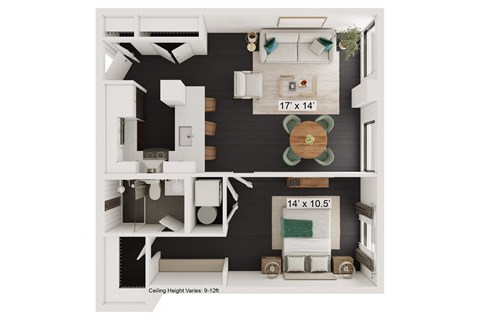 Floor plan for 1 bed, 1 bath, 682 sqft